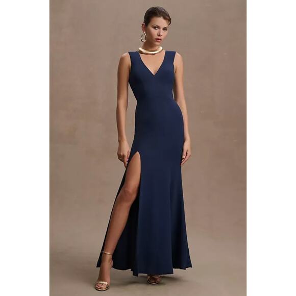 DRESS THE POPULATION Sandra Mermaid Gown Midnight Navy Blue {C52} - Picture 4 of 11
